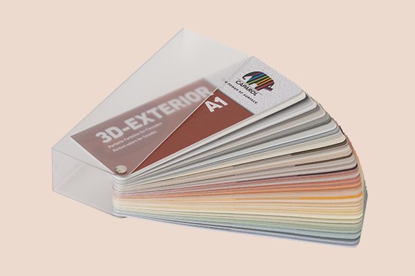 Fanned-out Color Chart 3D-EXTERIOR A1 on a light pink background.